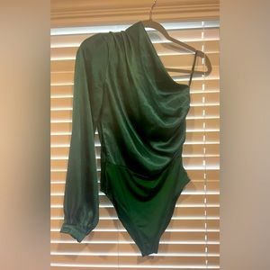 Emerald green, satin off the shoulder bodysuit (size small)